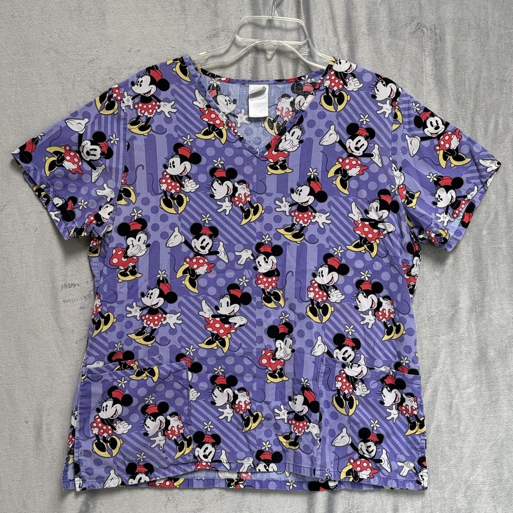 Disney Minnie Mouse Scrub Top Womens Large Nurse‎ Uniform Shirt Pockets Tee